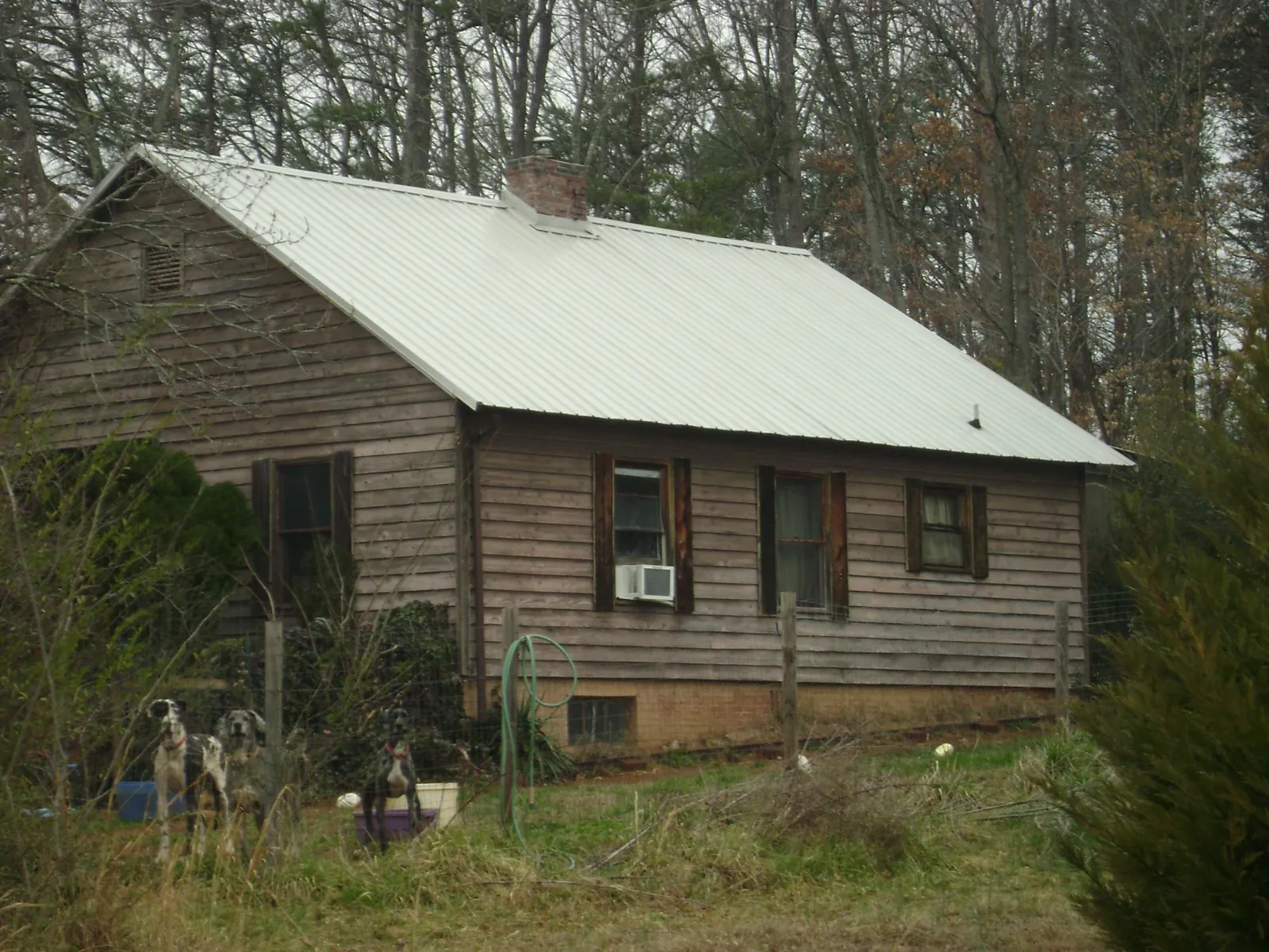 White metal roof on an old wood sided farmhouse, from a Metal Roof Installation job in Brightwood